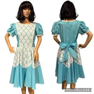 American vintage Aqua & white Daisy overlay dress circular skirt size large